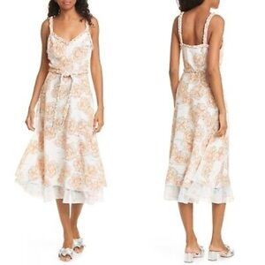 NWOT DYVNA Chacha Peach Floral Silk Midi Dress Braided Straps Waist Tie Sz 8